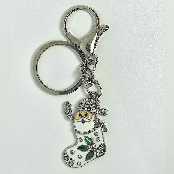 BAG CHARM Silver Tone Holiday Santa in Stocking - Picture 1 of 4